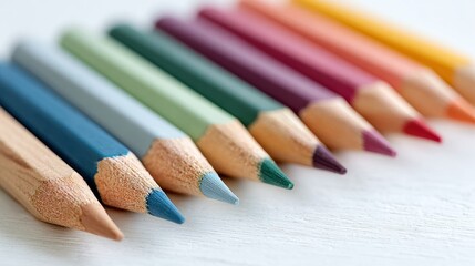 A Vibrant Array of Colored Pencils Laid Out Neatly on a White Surface, Showcasing Their Bright Hues and Fine Tips for Artistic Creativity