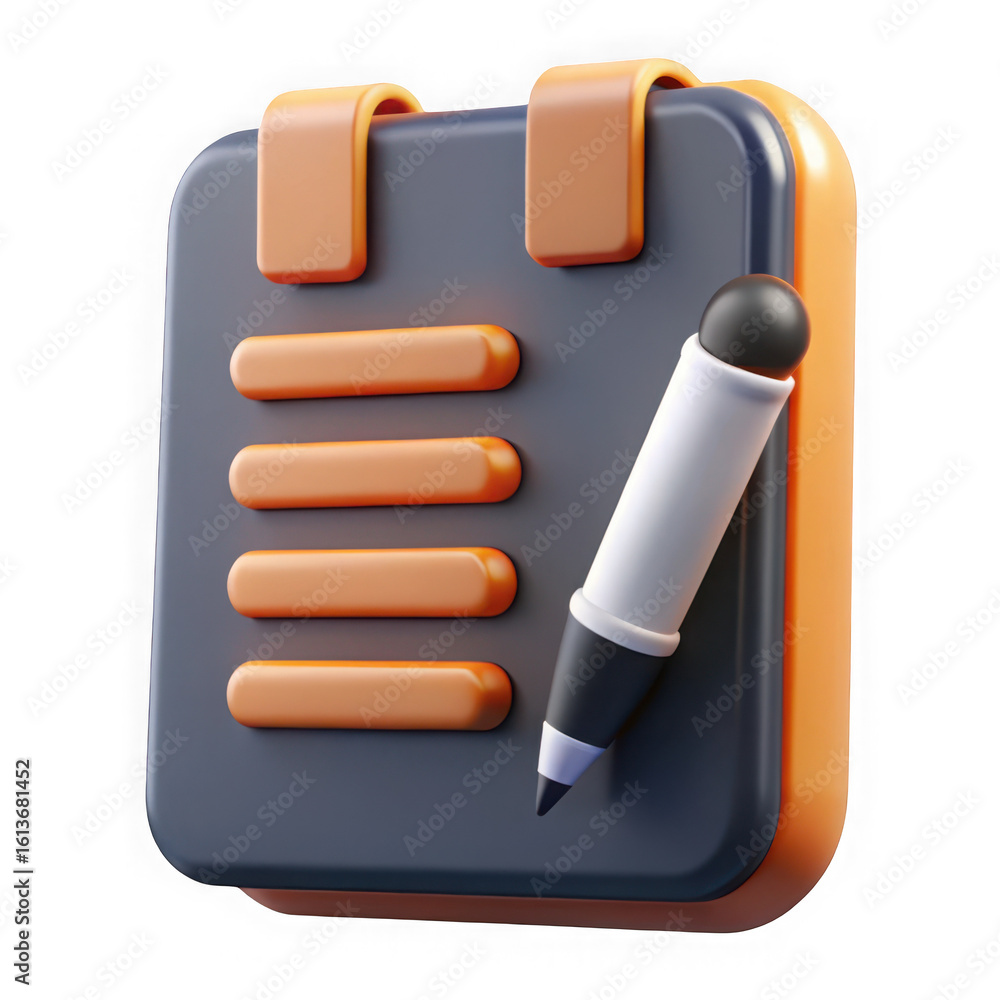 Poster stylized 3d illustration of a notepad with a pen and checklist items isolated on transparent backgro