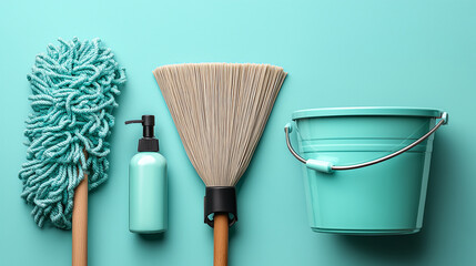 Minimalist top view of mop, bucket, and floor cleaner bottle on light background, modern cleaning tools concept, commercial clarity, soft shadows.