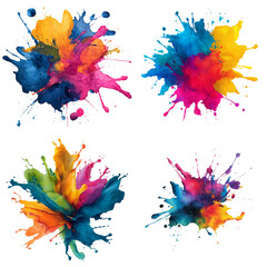 Four vibrant watercolor paint splashes create an abstract and colorful design isolated on transparent background