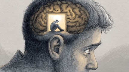 Anxious face illustration with a small room in the brain showing a fearful curled up figure inside