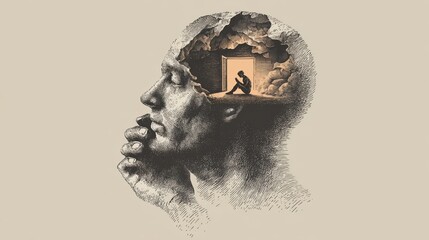 Anxious face illustration with a small room in the brain showing a fearful curled up figure inside
