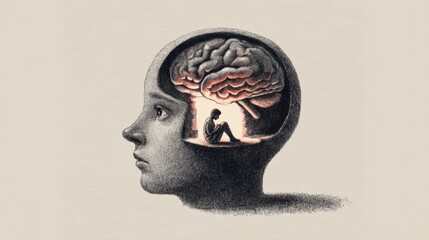 Anxious face illustration with a small room in the brain showing a fearful curled up figure inside