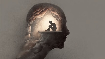 Anxious face illustration with a small room in the brain showing a fearful curled up figure inside