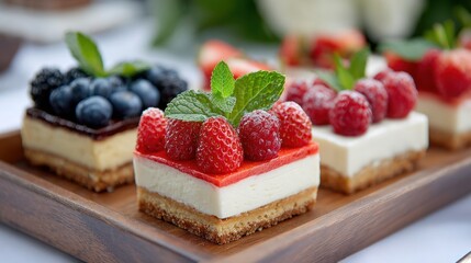 A Delicious Array of Cheesecake Squares Topped with Fresh Berries for a Sweet and Tempting Dessert Experience