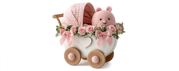 Adorable baby stroller with plush toy and pink flowers.