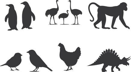 various animal silhouette set collection. Animal vector bundle illust black and white editable eps file. Alligator, Amphibian, Chicken, Dinosaur, Dog, graphic, Duck, Horse, Monkey,