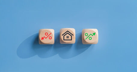 Real estate property investment concept, House icon and Interest rates percentage, Arrows up and...