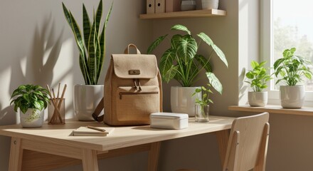 Home office with plants and backpack