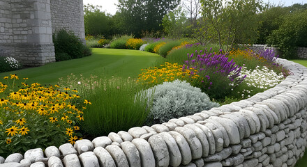A stone wall borders a garden with colorful flowers and grass