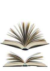 Fototapeta premium Open book with off-white pages fanning rapidly in a dynamic burst, suspended mid-air against a transparent studio background with abundant copy space. UHD, crisp, shadowless, high angle. Concept of