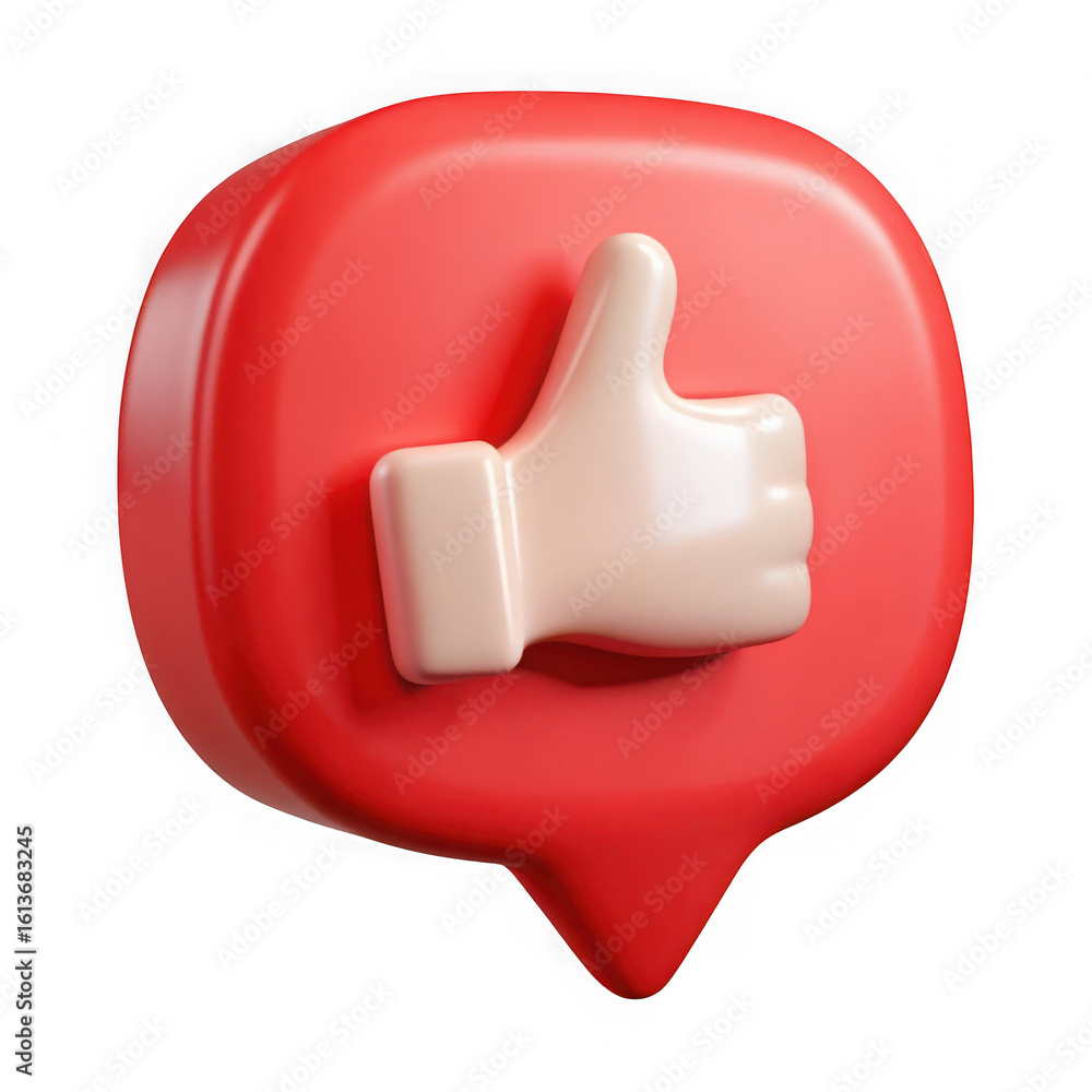 Poster red speech bubble with a white thumbs up icon symbolizing approval and positive feedback isolated on