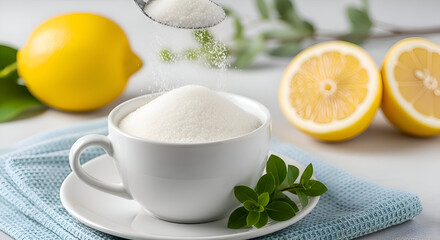 Lemonade preparation with sugar in a cup and lemon slices