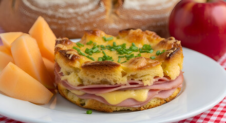 Close up of a ham and cheese sandwich with melon and apple
