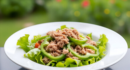 A plate of tuna salad with green peppers and lettuce leaves