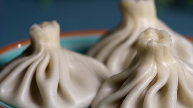 Close-up of a single khinkali dumpling with smooth, glossy dough folds on a blue plate.