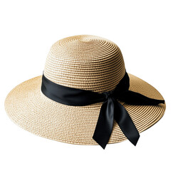 Stylish straw sun hat with black ribbon against white background for fashion concepts