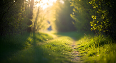 A path through the woods with sunlight shining through trees