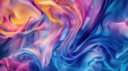Fototapeta premium Swirling, translucent fabric in vibrant hues of pink, blue, and gold, with subtle sparkle