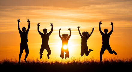 Silhouetted group of friends jumping with arms raised at golden sunset