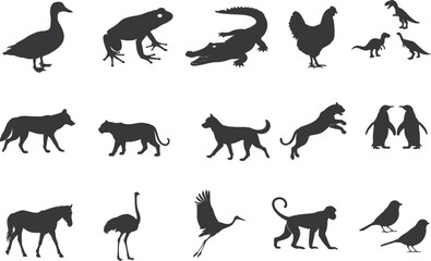 various animal silhouette set collection. Animal vector bundle illust black and white editable eps file. Alligator, Amphibian, Chicken, Dinosaur, Dog, graphic, Duck, Horse, Monkey,