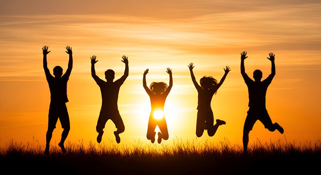 Silhouetted group of friends jumping with arms raised at golden sunset - Powered by Adobe