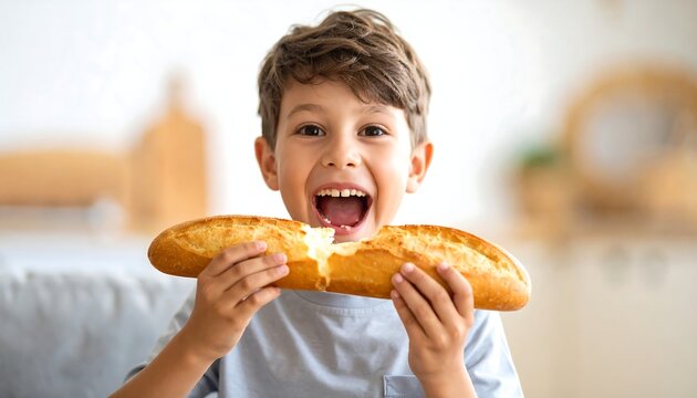 Boy eating a baguette, joyful expression