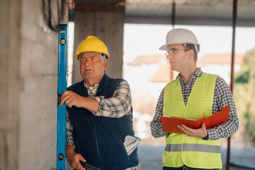 Construction workers checking wall straightness with spirit level