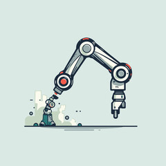 A robotic arm is about to crush a small robot figure, highlighting the theme of technology and potential dangers of advanced automation.