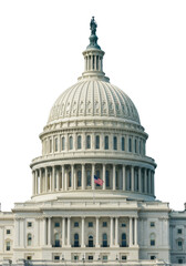 Obraz premium Iconic United States Capitol Building dome with Statue of Freedom and American flag, detailed neoclassical architecture against a clear blue sky with no shadows, ultra-realistic UHD architectural