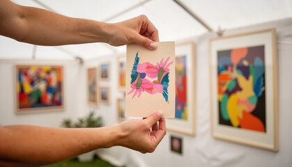 Art enthusiast holding colorful print at outdoor art exhibition