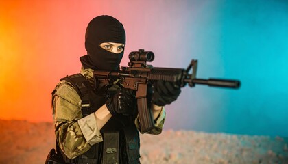 Fototapeta premium A masked soldier in camouflage gear aims a rifle, set against a vibrant orange and blue gradient background.