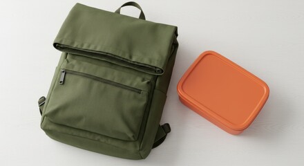 Olive backpack and orange box