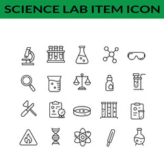 Science Lab Item Icons Collection Featuring Microscope Beakers Test Tubes and Other Scientific Equipment Outline Style Design for Creative Projects
