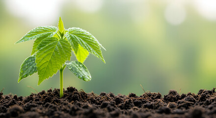 Close up of a small plant growing in rich dark soil outdoors