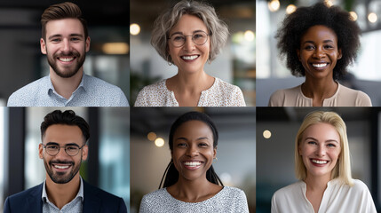 Fototapeta premium Grid layout of diverse professional employee headshots with space for text. Inclusive and corporate scene ideal for HR, team profiles, workplace diversity, and business communication content