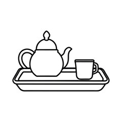 Outline illustration of a rectangular tray with a complete tea set