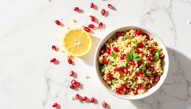 Colorful couscous salad with pomegranate and lemon on marble surface   - Powered by Adobe