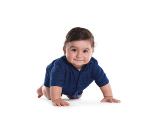 Cute little baby crawling on white background