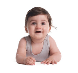 Cute little baby crawling on white background