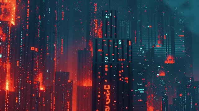 cyberpunk city digital flames, neon fire red electric blue, glitching fire distortion, buildings glowing code, energy overload, cinematic visual chaos, futuristic high-intensity dynamic motion