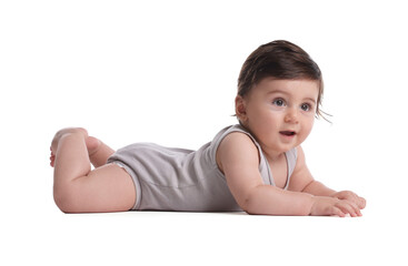Cute little baby crawling on white background