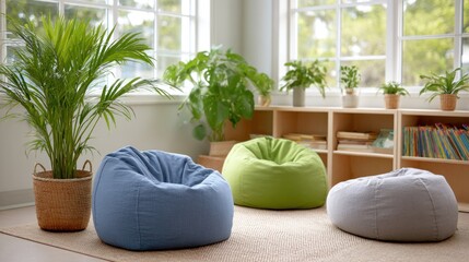Cozy and Inviting Indoor Space Featuring Comfortable Bean Bag Chairs Surrounded by Lush Greenery and Natural Light from Large Windows