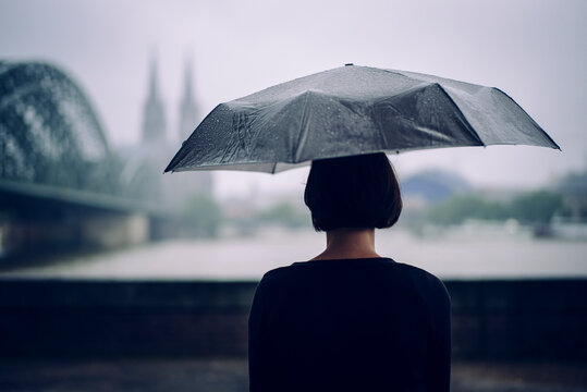 Germany, Cologne, back view of woman with umbrella on a rainy day