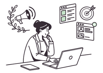 Woman working on laptop with marketing strategy elements digital marketing and advertising campaign concept creative vector illustration