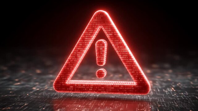 A glowing red triangle with an exclamation mark made of binary code. It's a cyber security visual