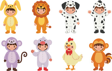 Cute kids in animal costumes, cartoon children in bunny, lion, dog, monkey, chicken suits, fun costume illustration, animal cosplay