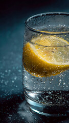 Refreshing drink: Glass of water with a lemon slice and condensation drops.