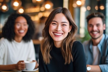 A group of three friends smiling and enjoying their time together in a cozy cafe with warm lighting.