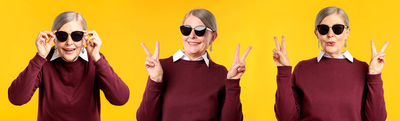 Senior woman on orange background, set of portraits